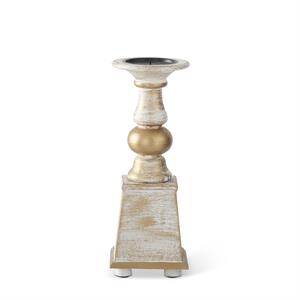 Whitewashed gold wood candleholders on a square base with natural grain texture.