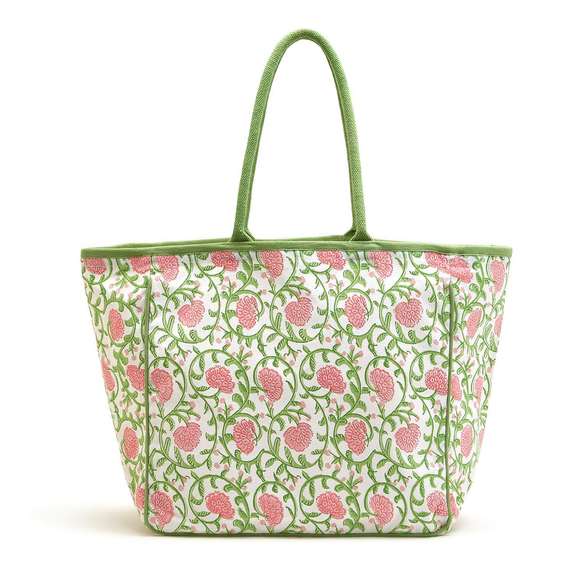 Cotton tote bag with floral block print pattern in natural tones