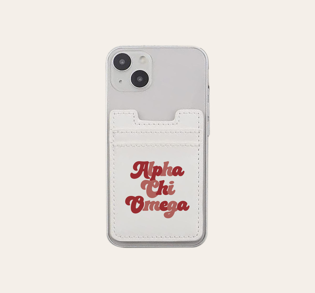 Sorority stick-on phone wallet in pink with Greek letter pattern.
