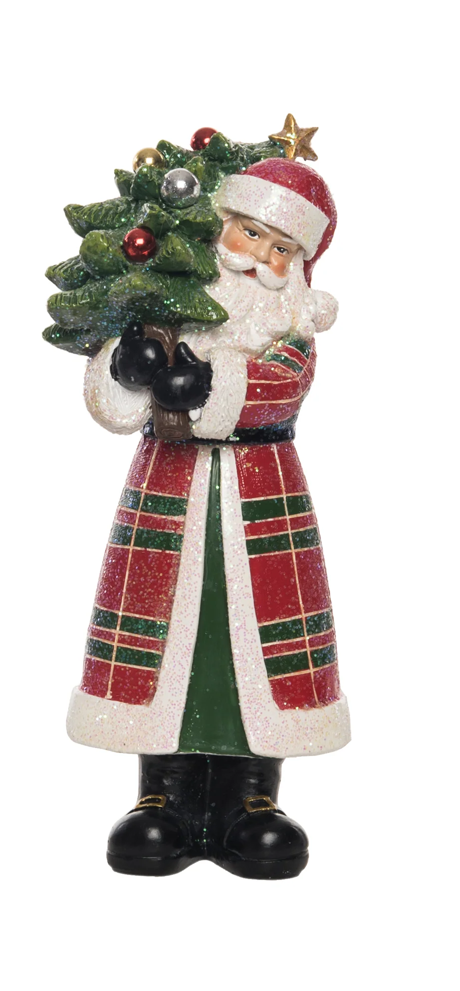 Resin Santa figurine in a red and green plaid coat holding a decorated Christmas tree.