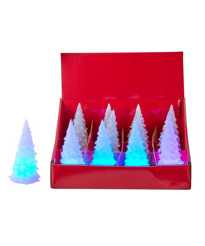 Battery-operated small white glitter trees with color-changing RGB LED lights in a red display box.