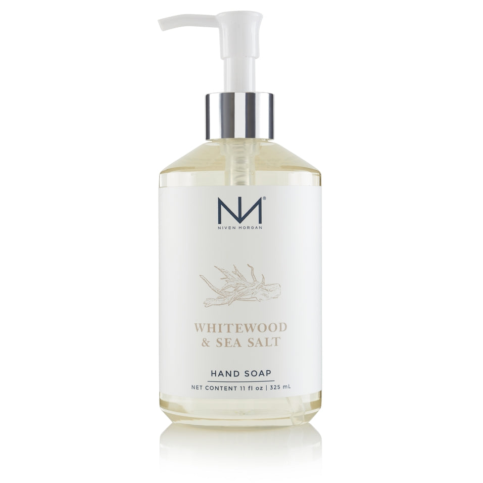 Whitewood & Sea Salt hand soap bottle with natural wood accents