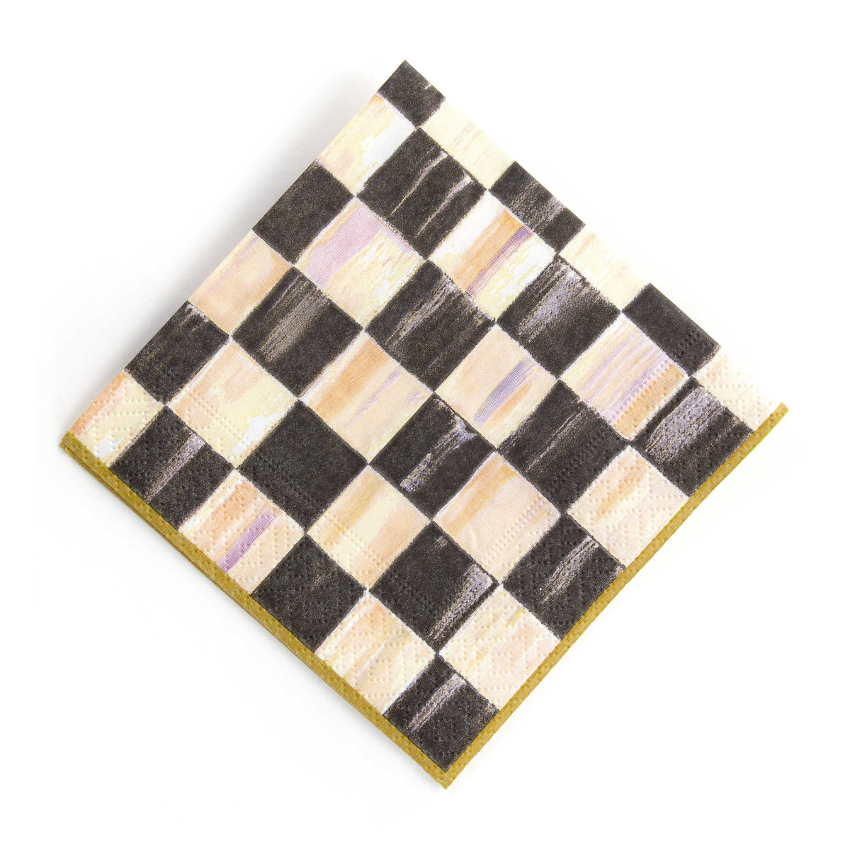Courtly Check Cocktail Paper Napkins with a black and white hand-painted pattern and gold border.