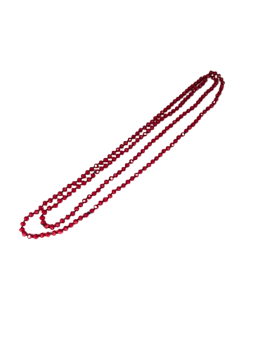 30-inch vintage style necklace with small, faceted red beads on a white background.