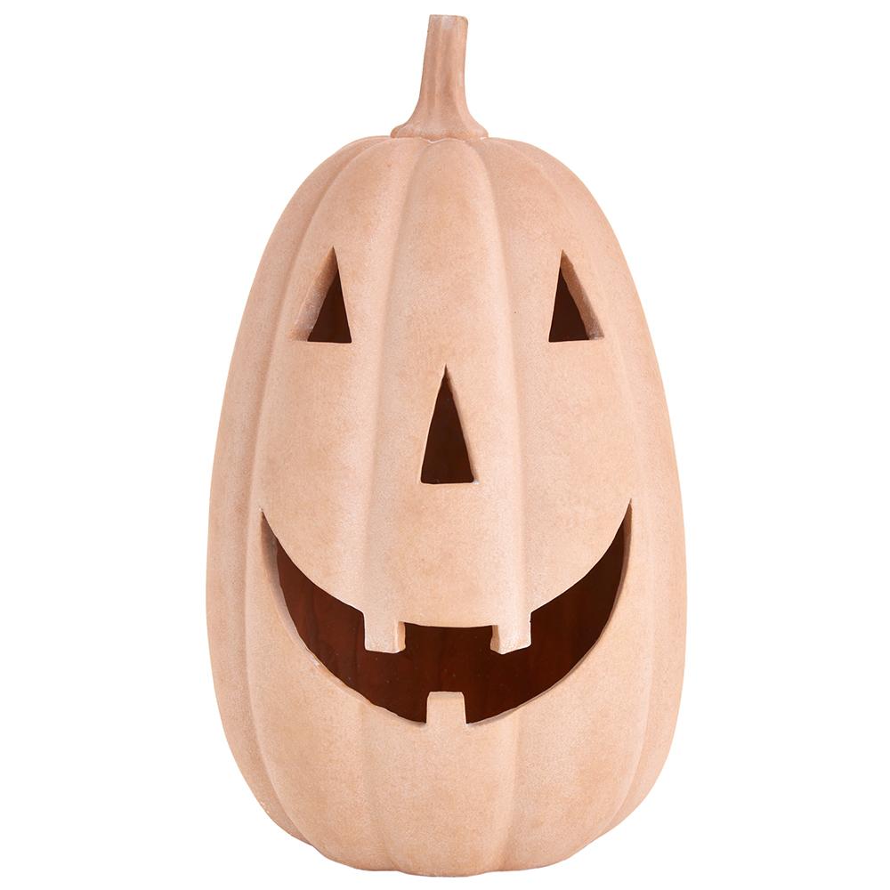 14-inch terra cotta jack-o-lantern with a carved face and battery-operated LED light.