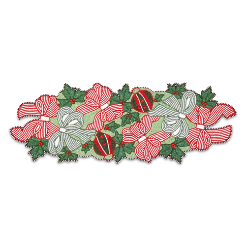 Bows and Ornaments Beaded Table Runner with festive red and white bows, ornaments, and holly leaves.