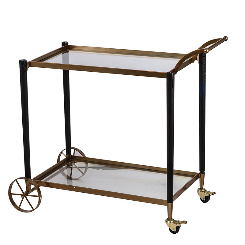 Gold metal serving cart with fir wood shelves and glass panels