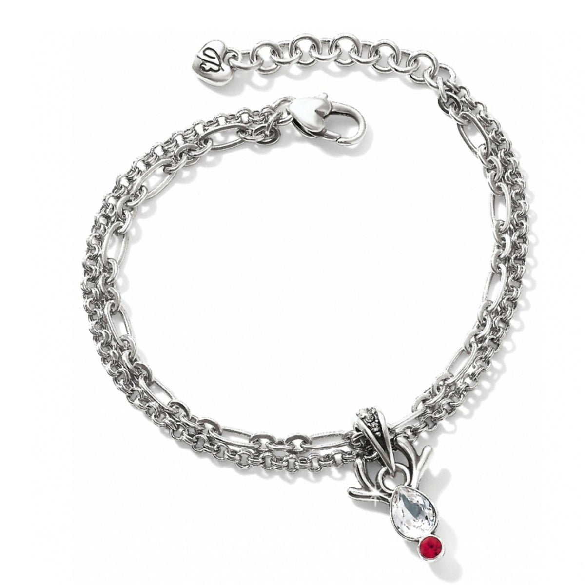 Silver double-chain Reindeer Rock Bracelet with a reindeer charm featuring clear and red crystals.