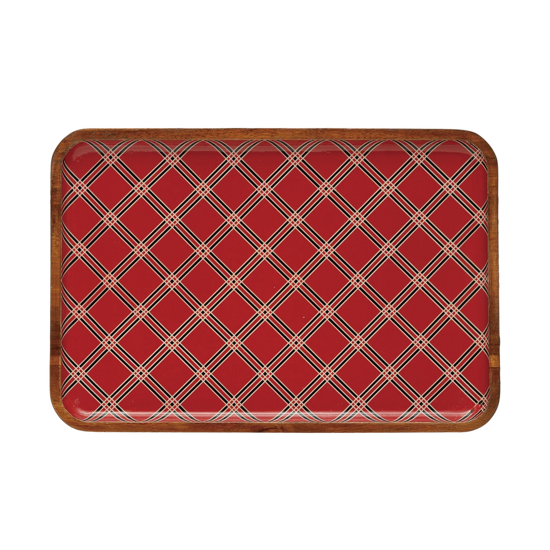 Enameled Acacia Wood Tray - Red Plaid