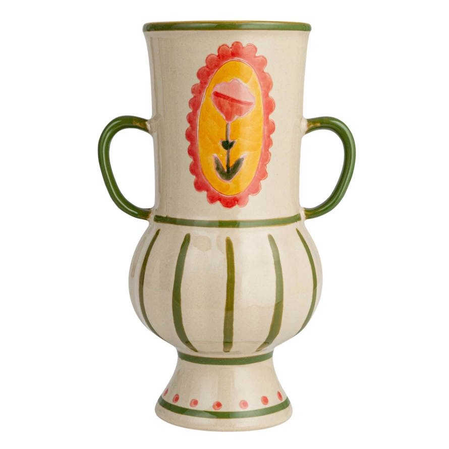 Hand-painted stoneware vase with handles in a natural earth tone.