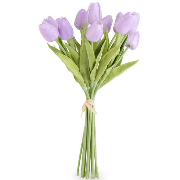 Bundle of three realistic polyurethane tulips with green leaves on a black background.
