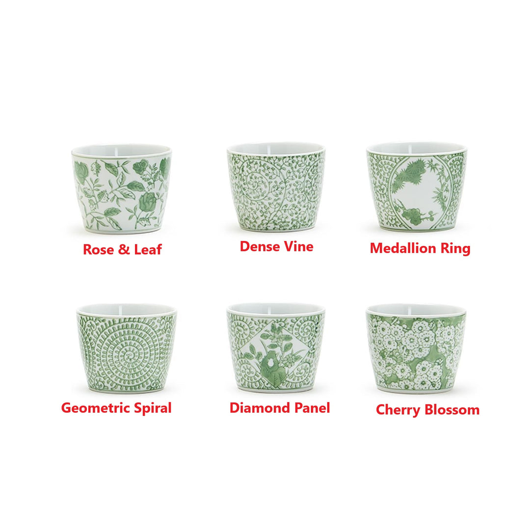Six porcelain cachepots in green and white patterns: Rose, Vine, Medallion, Spiral, Diamond, Cherry.