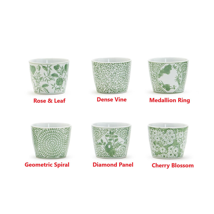 Six porcelain cachepots in green and white patterns: Rose, Vine, Medallion, Spiral, Diamond, Cherry.