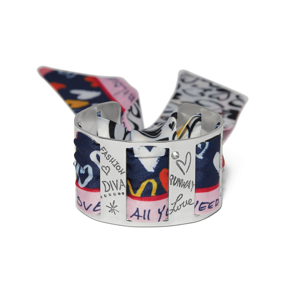 Silver cuff bracelet with a colorful patterned scarf woven through vertical slots.