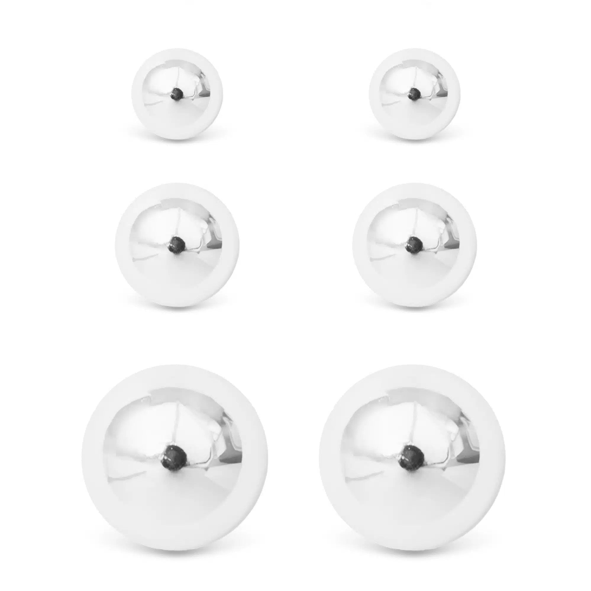 Three pairs of polished silver ball stud earrings in small, medium, and large sizes.