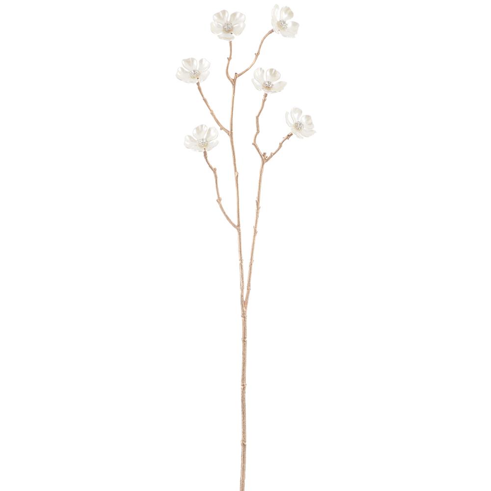 26-inch pearl flower spray with rhinestone centers on a gold-toned wire stem.