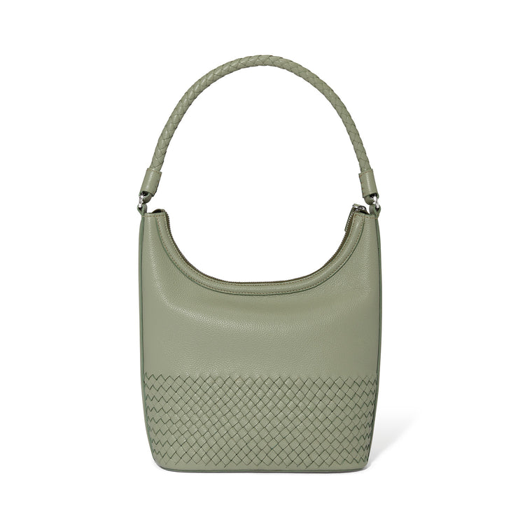 Sage green Delmar shoulder bag with structured silhouette.