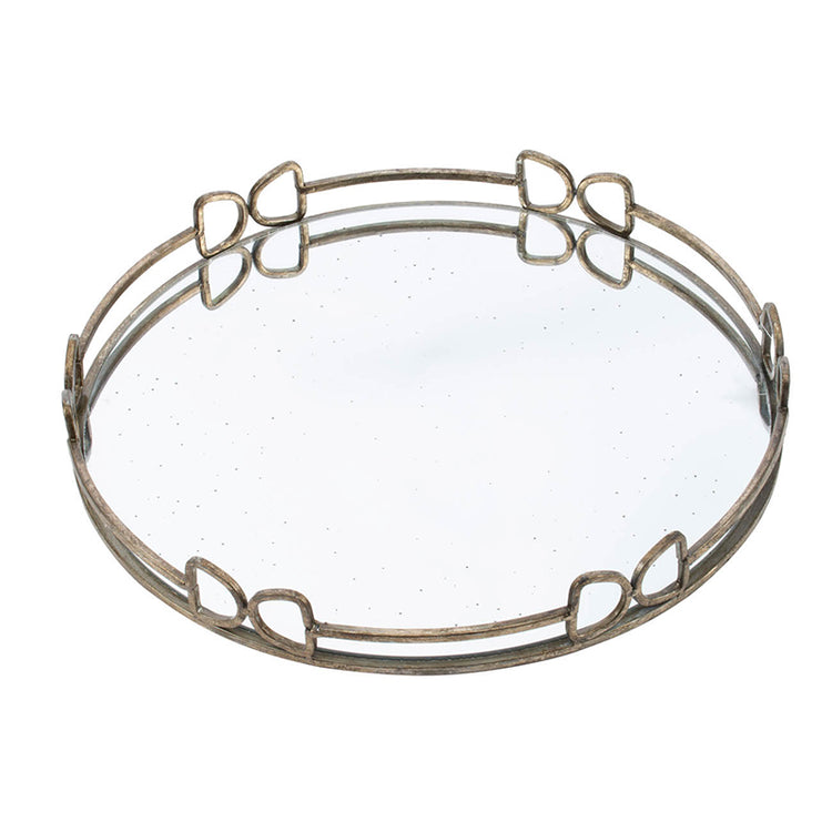 Round mirrored tray with a silver reflective surface and dark rim