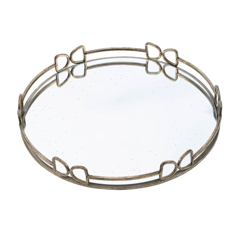 Round mirrored tray with a silver reflective surface and dark rim