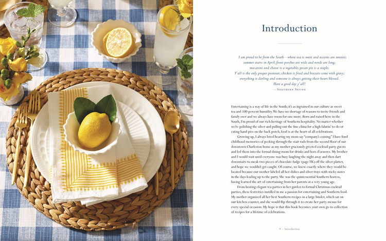 Open page of The Southern Entertainer's Cookbook showing an introduction and a yellow table setting.