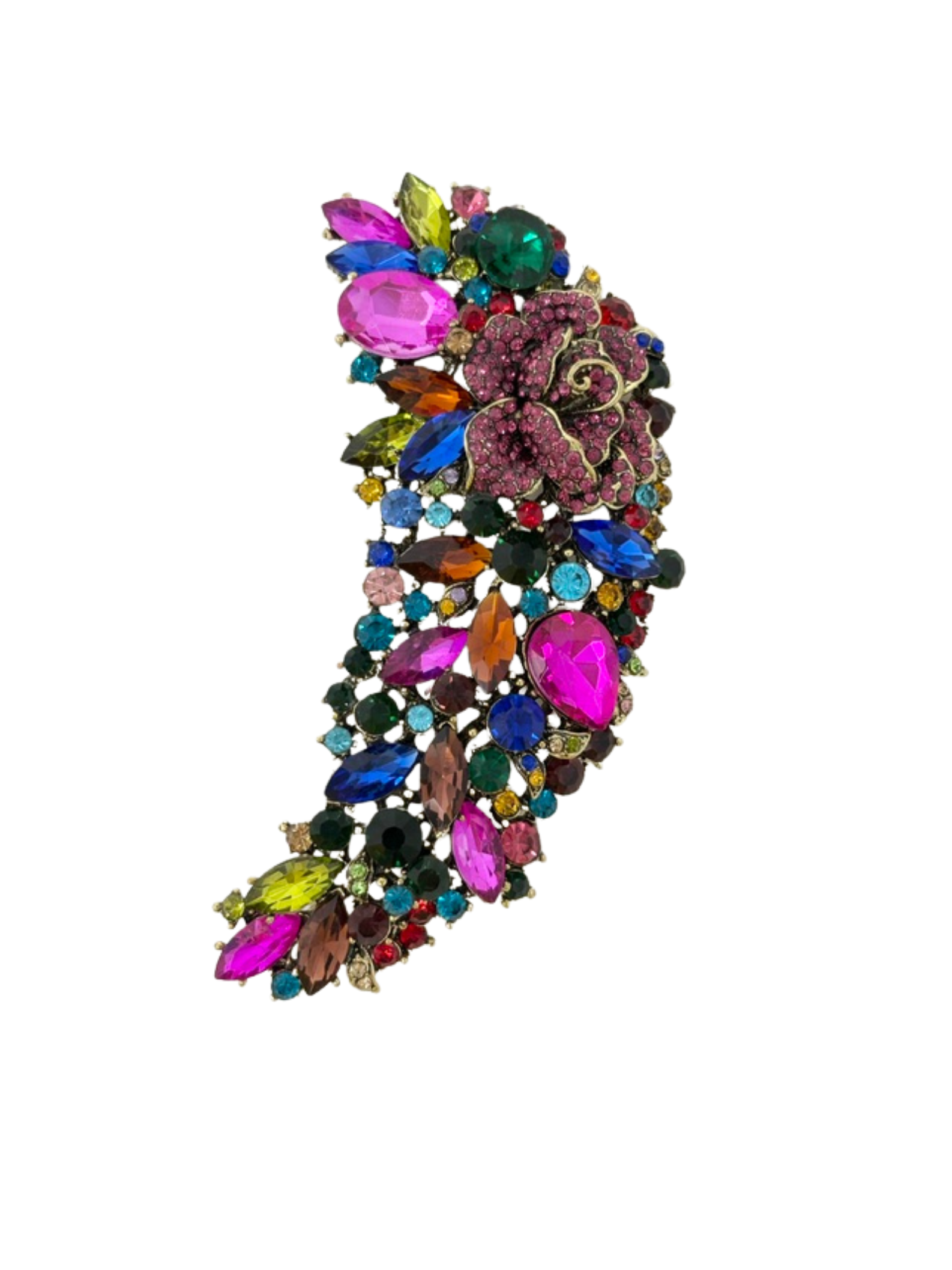 Curved multi-color stone brooch featuring a pink rose design and vibrant faceted crystals.