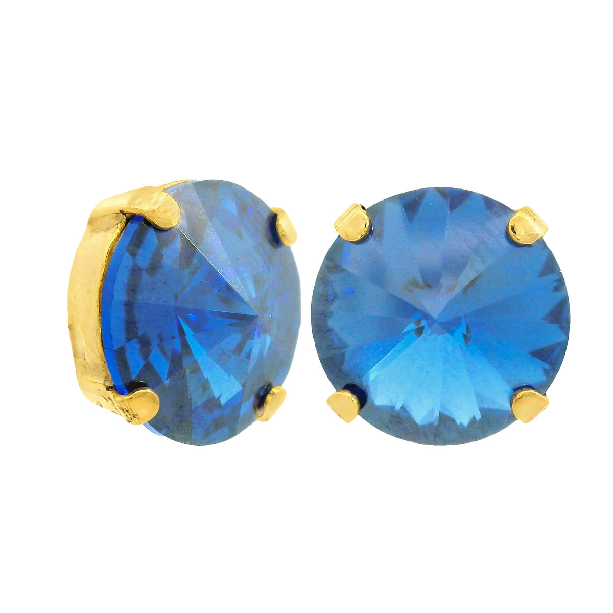Antique gold-plated stud earrings with large round crystals on surgical steel posts.