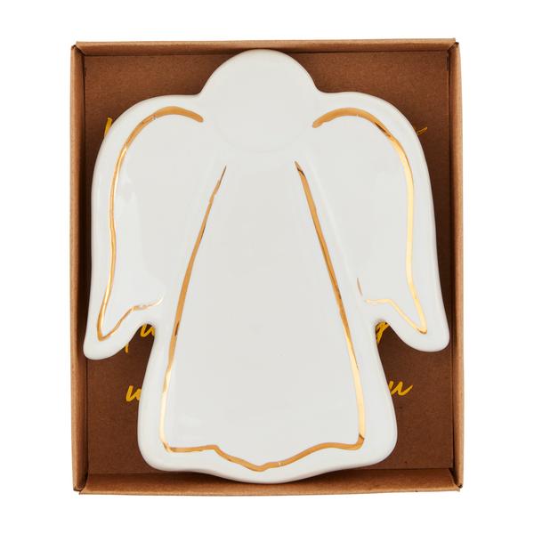 Hand-painted angel-shaped stoneware dish with electroplate rim detail