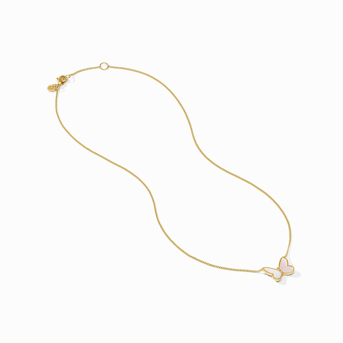 Adjustable gold-plated necklace with a mother-of-pearl butterfly pendant.