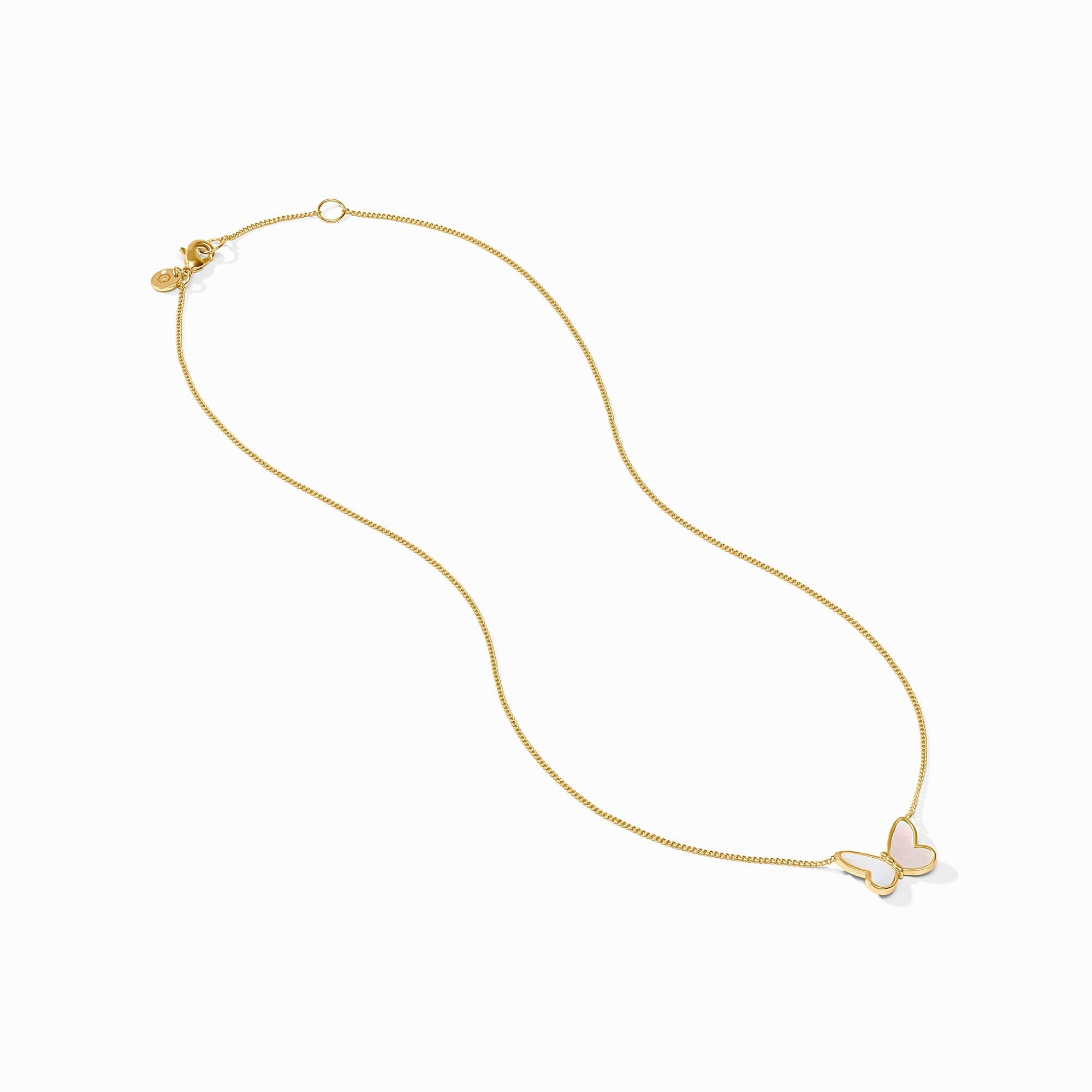 Adjustable gold-plated necklace with a mother-of-pearl butterfly pendant.