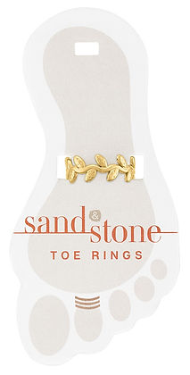 Gold-tone Sand & Stone toe ring with a leaf vine design on a foot-shaped display card.