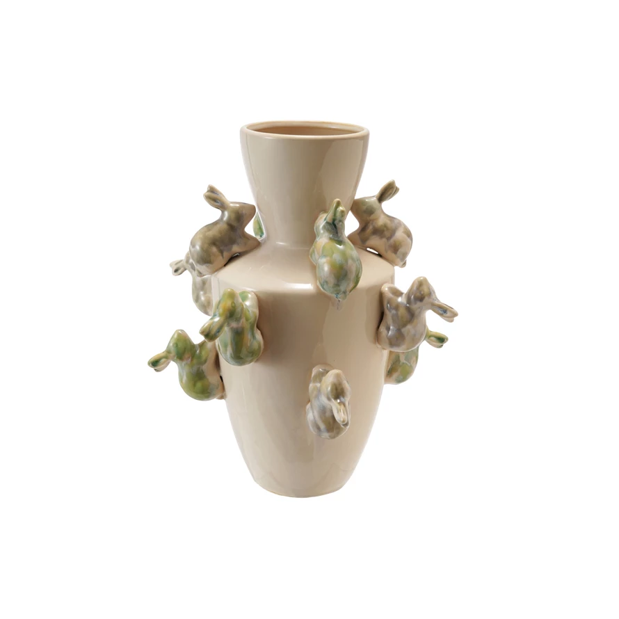Stoneware vase with reactive glaze featuring a three-dimensional rabbit sculpture on the front.