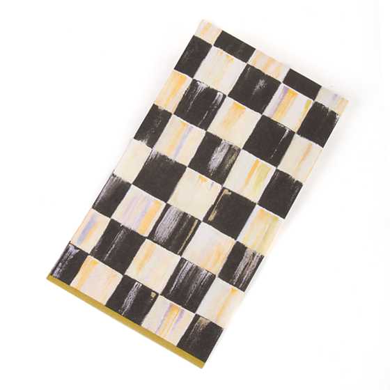 Courtly Check guest paper napkins with a black and white hand-painted pattern and gold trim.
