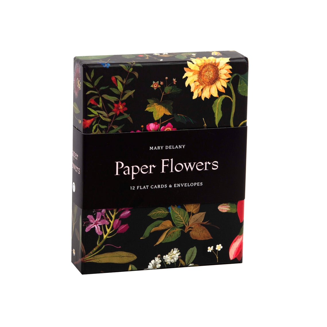 Set of botanical illustration paper flower cards featuring sunflowers, rhododendrons, and cornflowers on textured stock.