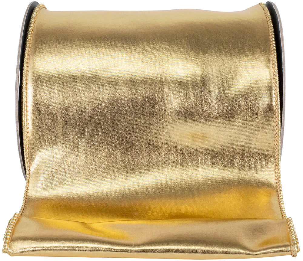 6 inch wide gold mirror fantasy metallic two-sided wired edge ribbon on a spool.