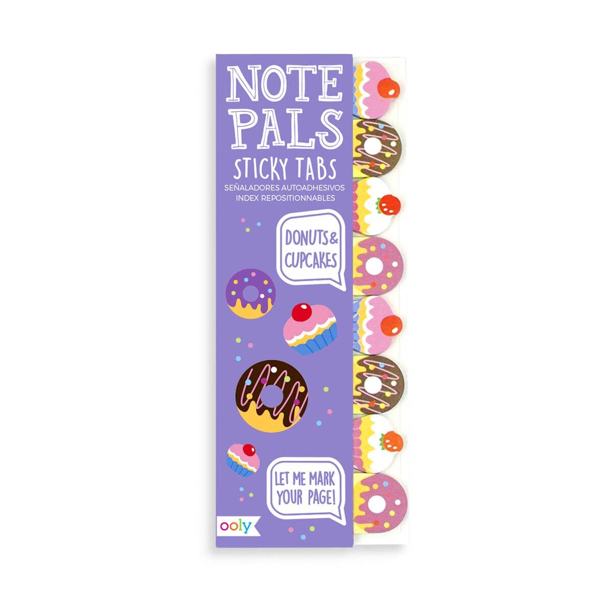 Ooly Note Pals Sticky Tabs featuring donuts and cupcakes in various colors and patterns on a purple background.