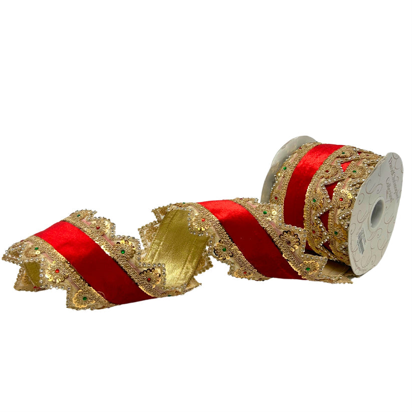Four-inch wide red velvet ribbon with gold trim featuring jeweled edges