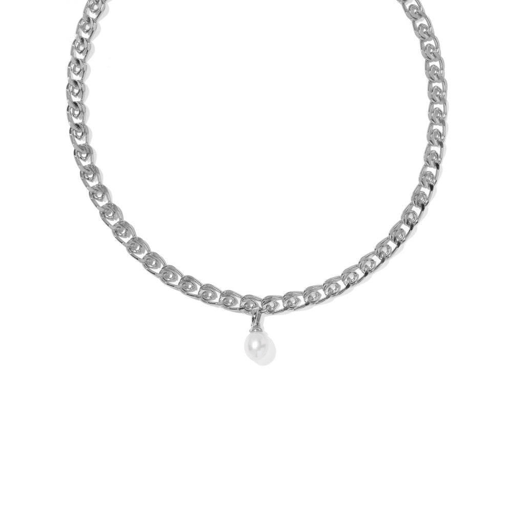 Silver curb chain necklace with a single white freshwater cultured pearl pendant.