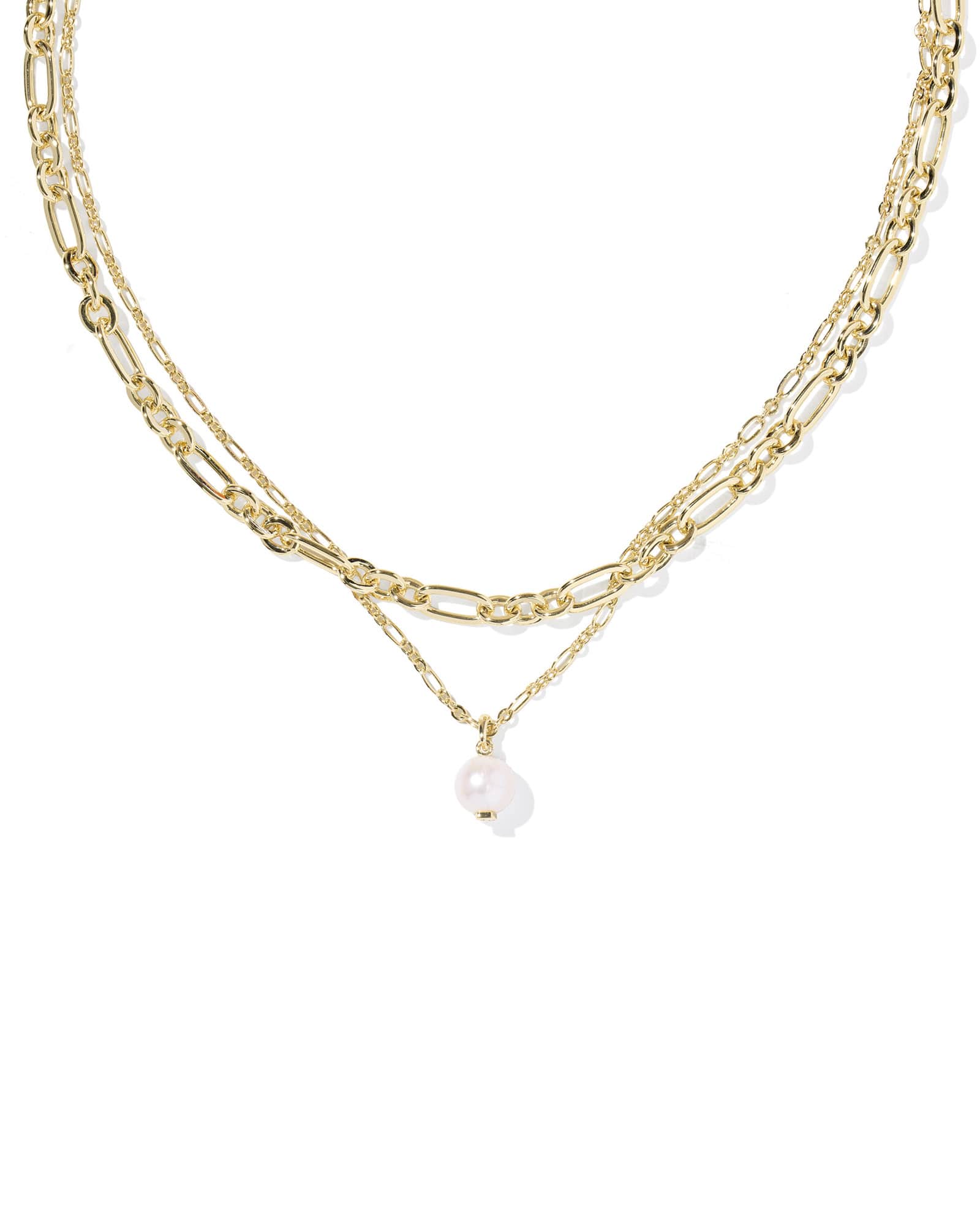 Ashton Multi Strand Necklace featuring two gold Figaro chains and a freshwater cultured pearl.