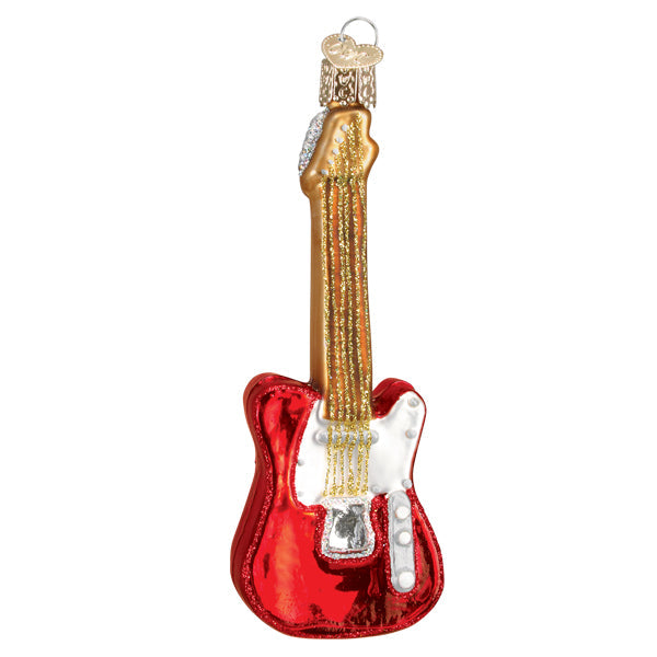 Red electric guitar glass Christmas ornament with gold glitter strings and white pickguard.