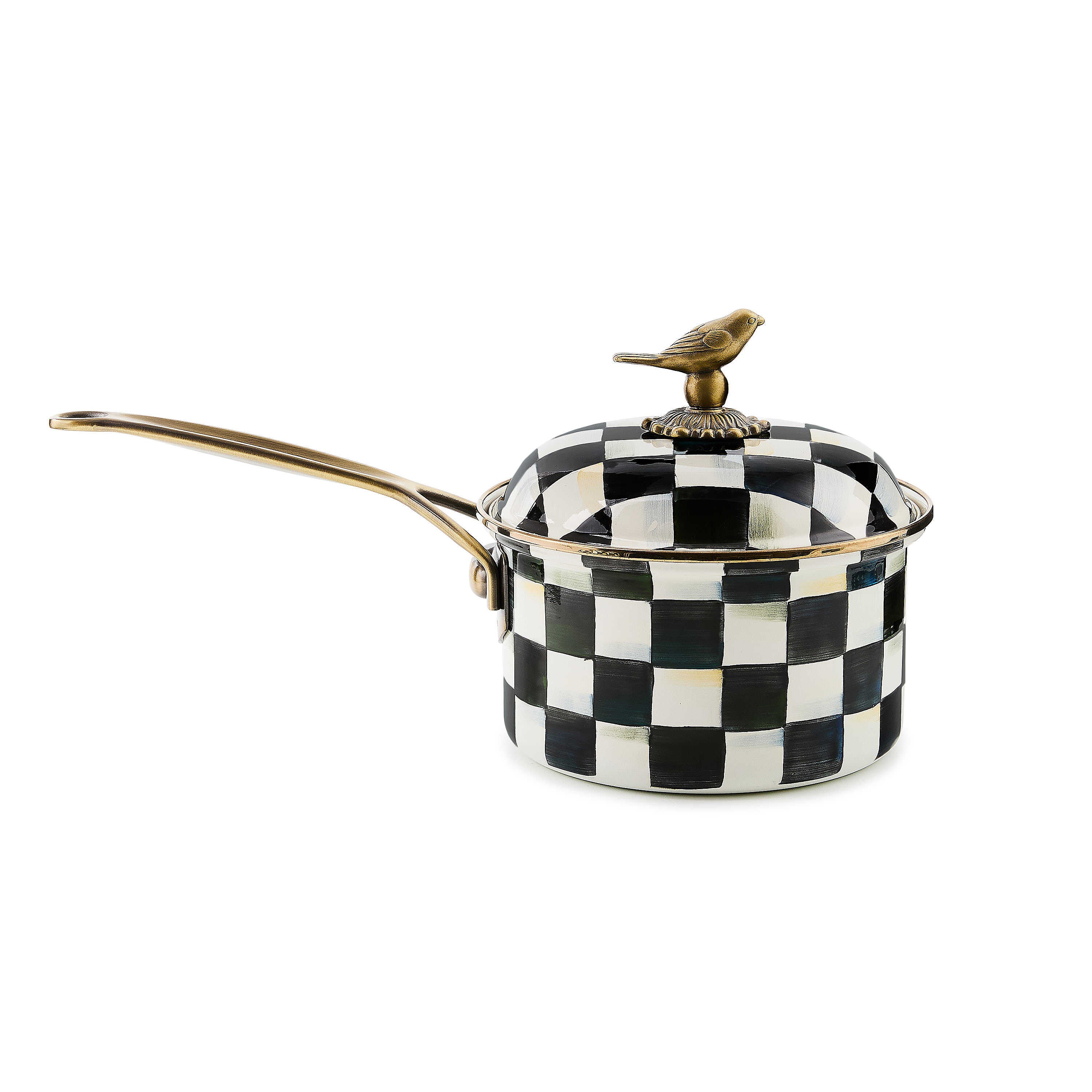 Black and white checkered enamel 2.5 quart saucepan with a brass bird knob on the lid.