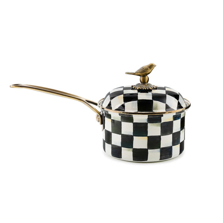 Black and white checkered enamel 2.5 quart saucepan with a brass bird knob on the lid.