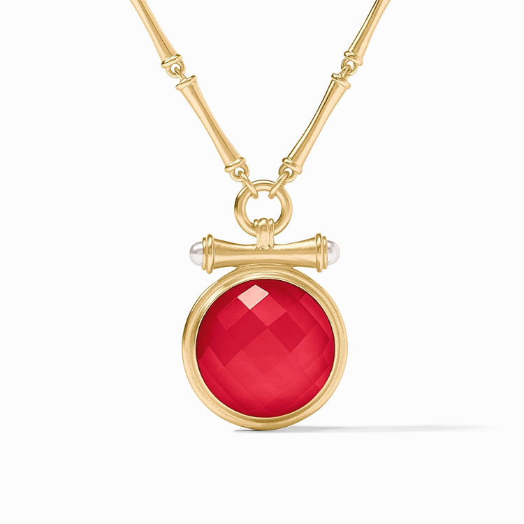 Bamboo Statement Necklace with a red round gemstone pendant and gold bamboo-style chain.