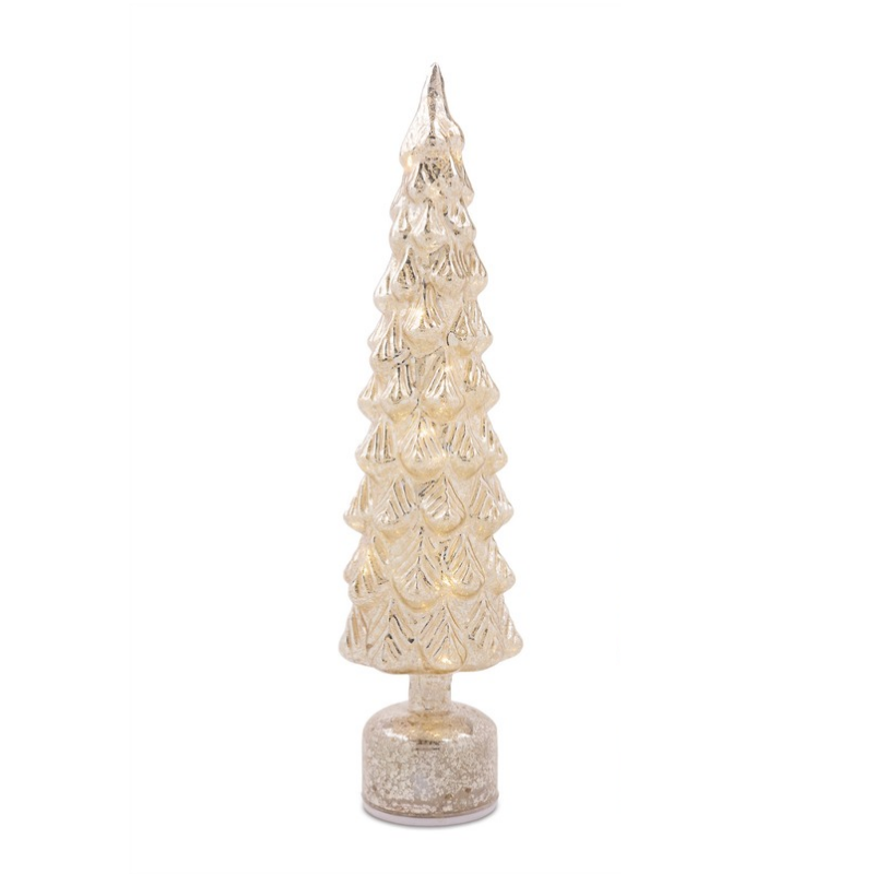 Tall, slender champagne-colored glass LED tree with a textured leaf pattern and a round base.