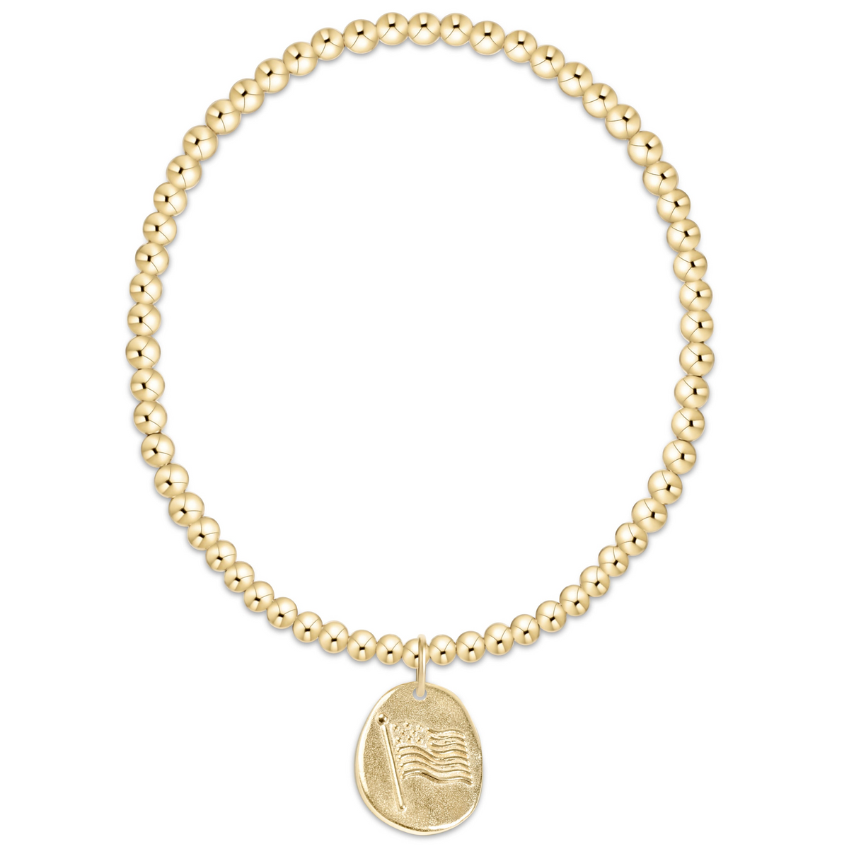 Classic gold 3mm beaded bracelet with a round gold charm featuring an American flag design.