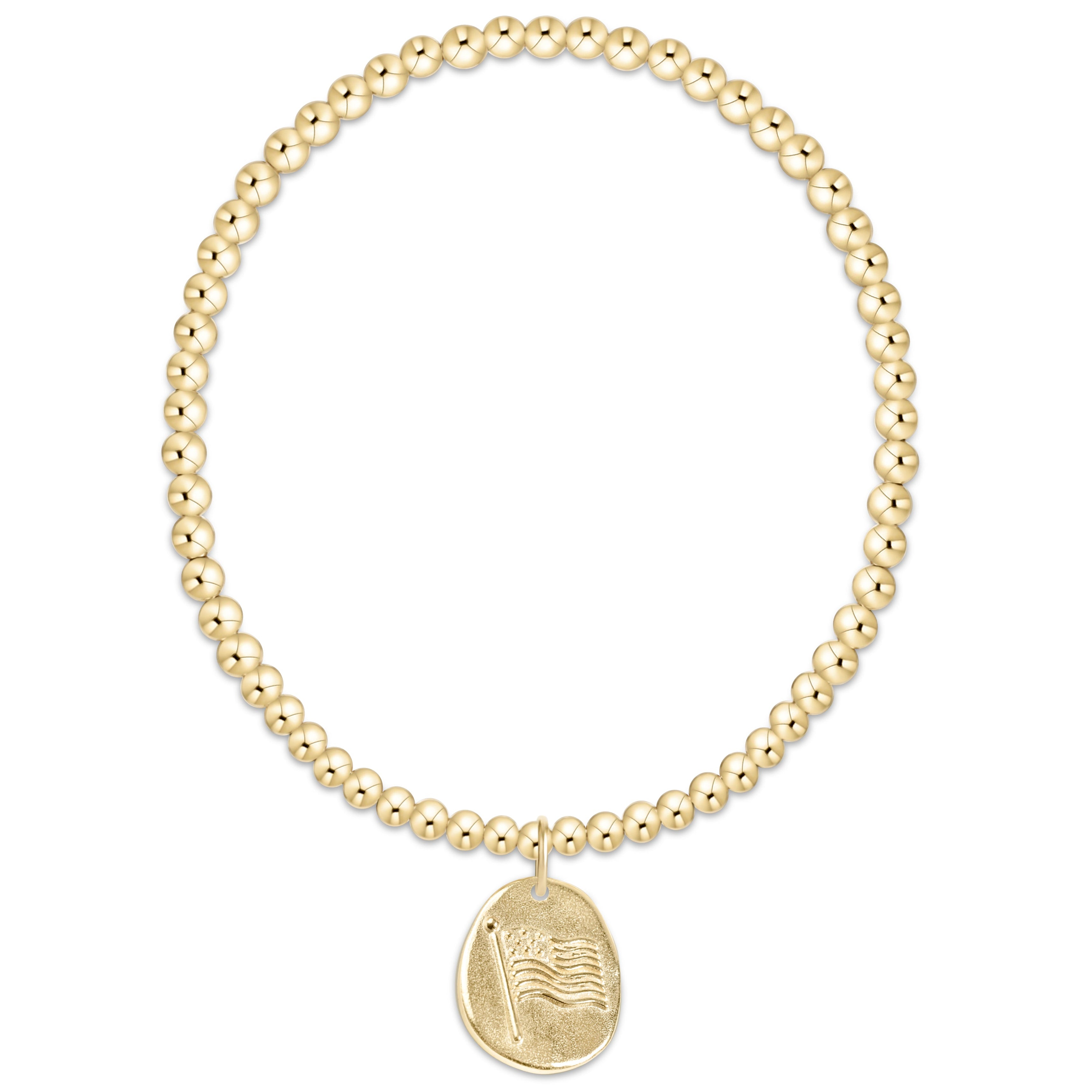 Classic gold 3mm beaded bracelet with a round gold charm featuring an American flag design.