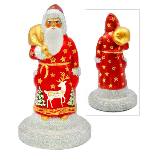 Nine-inch German Santa figure with ruby red glimmer finish.