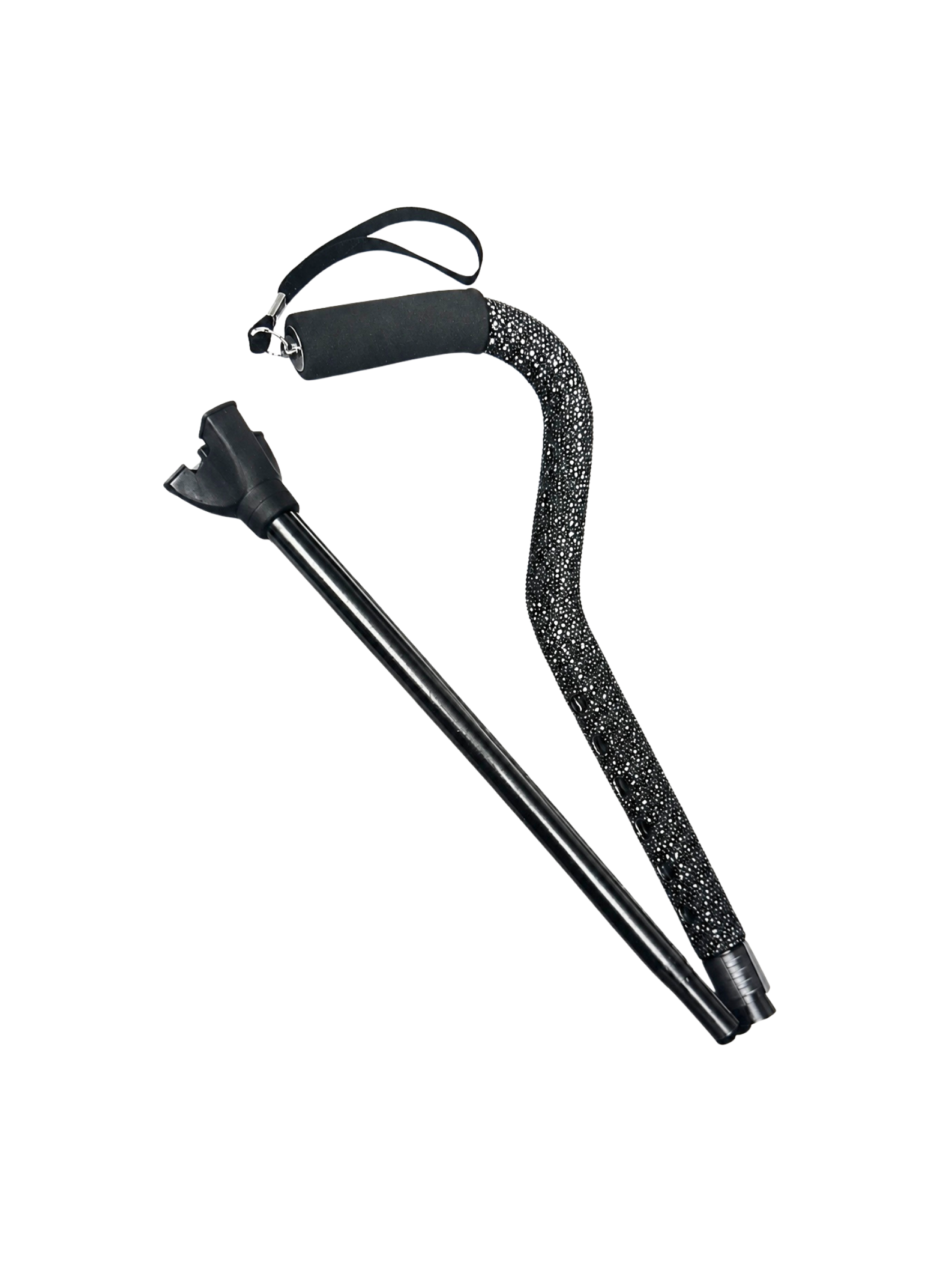 Foldable black walking cane with a sparkling rhinestone-covered shaft and soft foam handle grip.