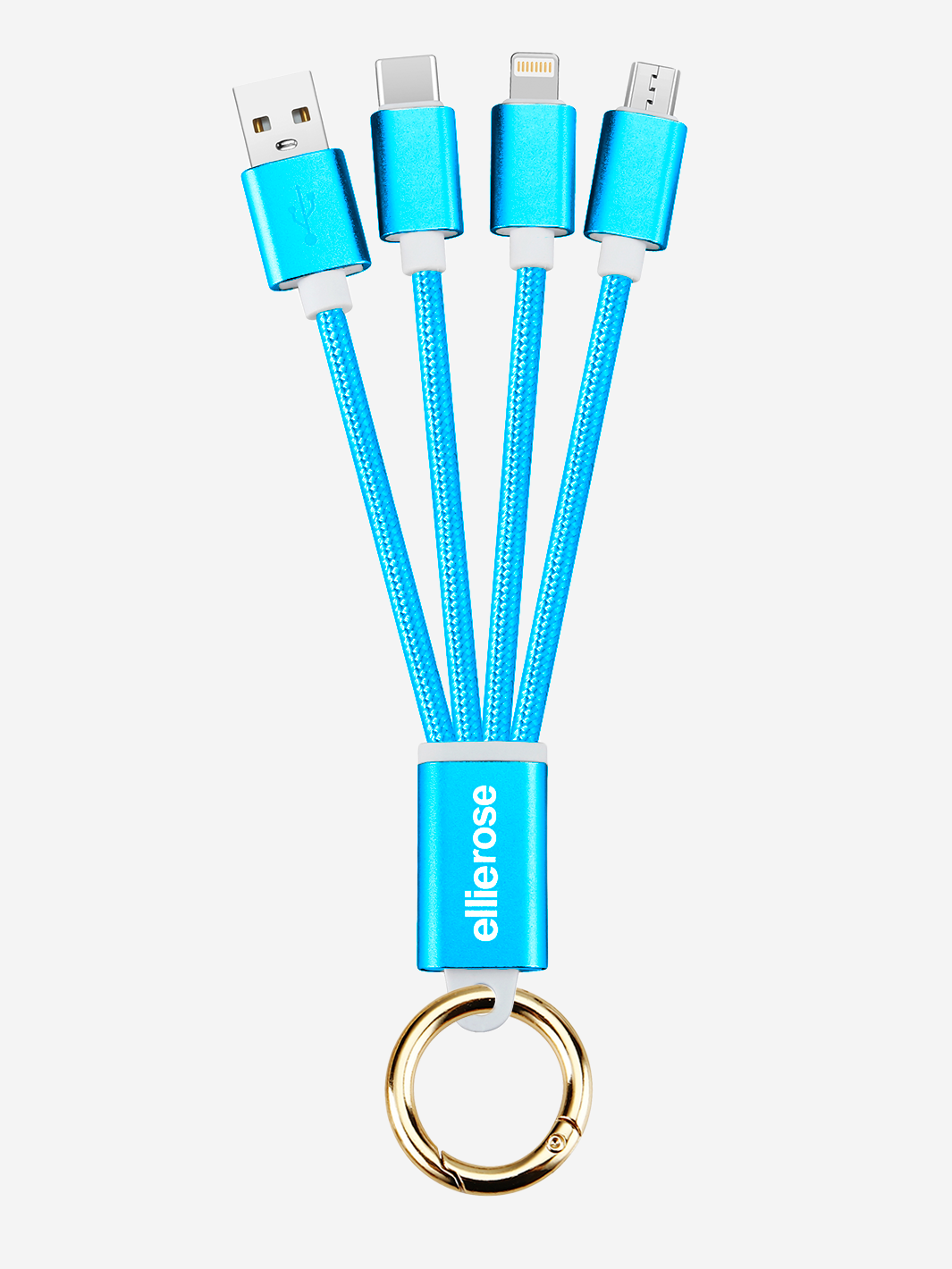 Blue 3-in-1 charging cable keychain with USB, USB-C, Lightning, and Micro-USB connectors.