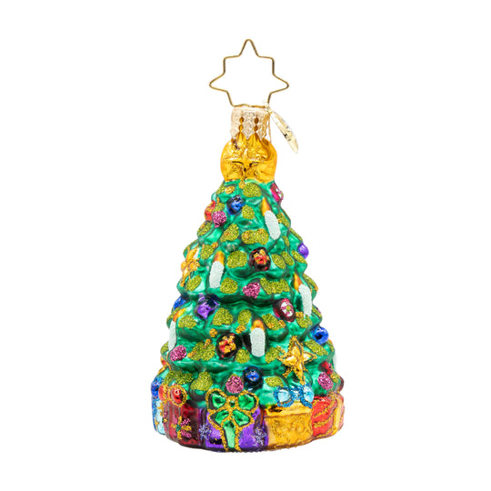 Twinkling Tree Gem glass Christmas tree ornament with colorful glitter accents and gifts at base.