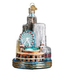 Glass Chicago skyline Christmas ornament featuring the Willis Tower, Ferris wheel, and Navy Pier.